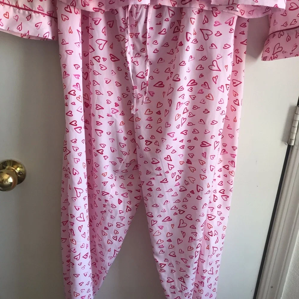 Joie Heart Love Pajama Set Long Sleeve Button Down Top & Pants w/ Pockets size L